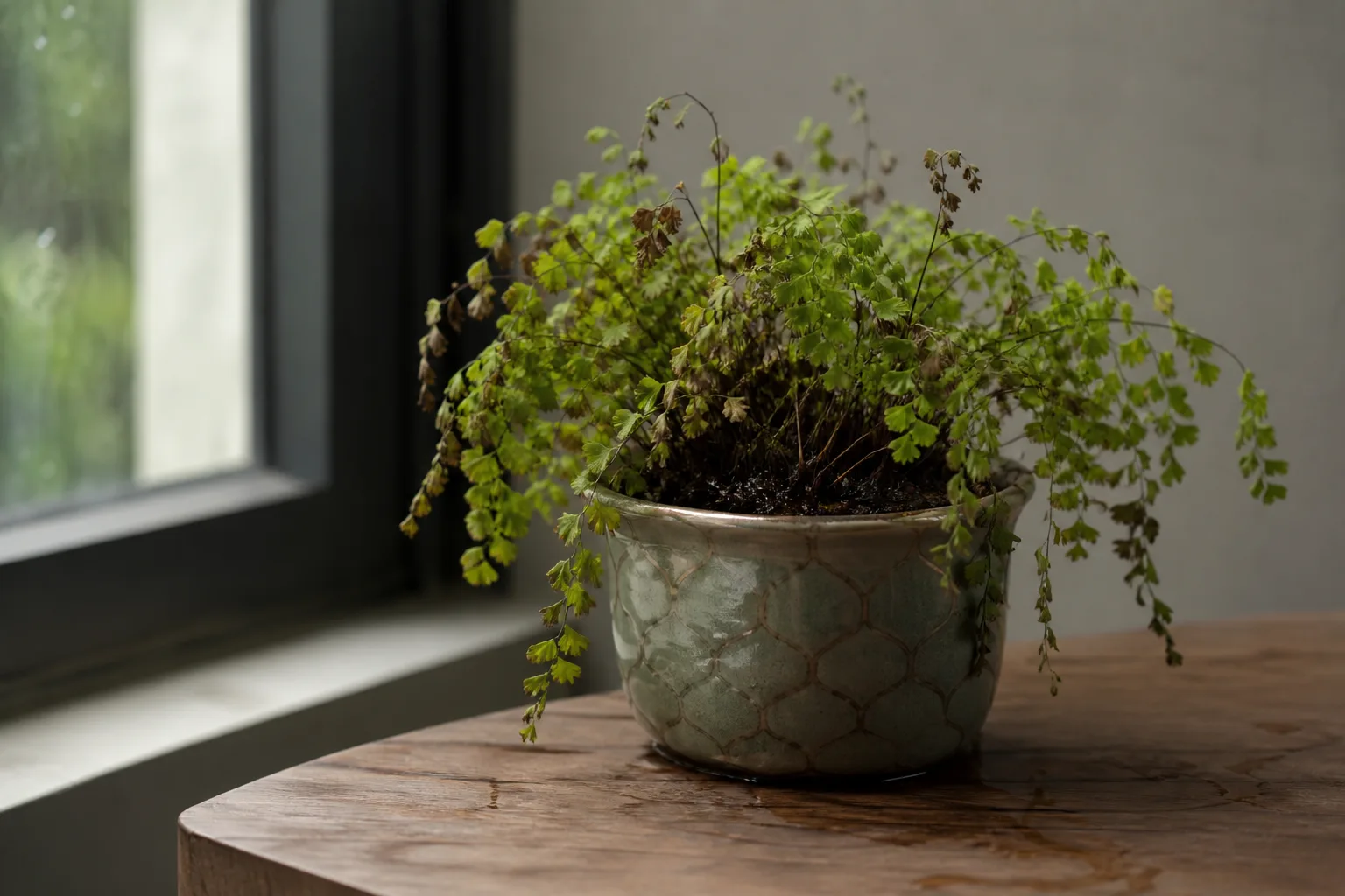No Drainage Hole on Maidenhair Fern - visible symptom on the plant