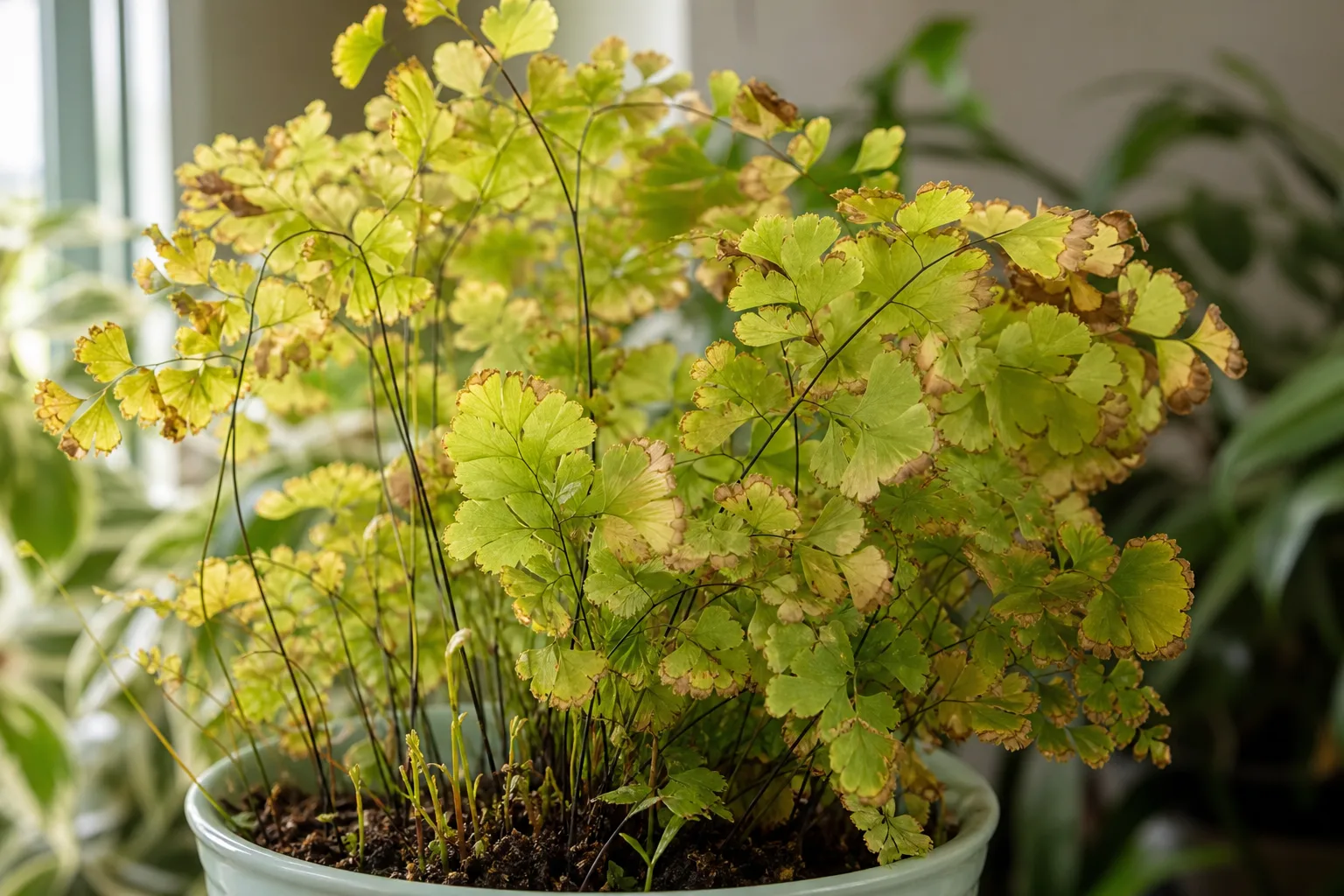 Nutrient Lockout on Maidenhair Fern - visible symptom on the plant