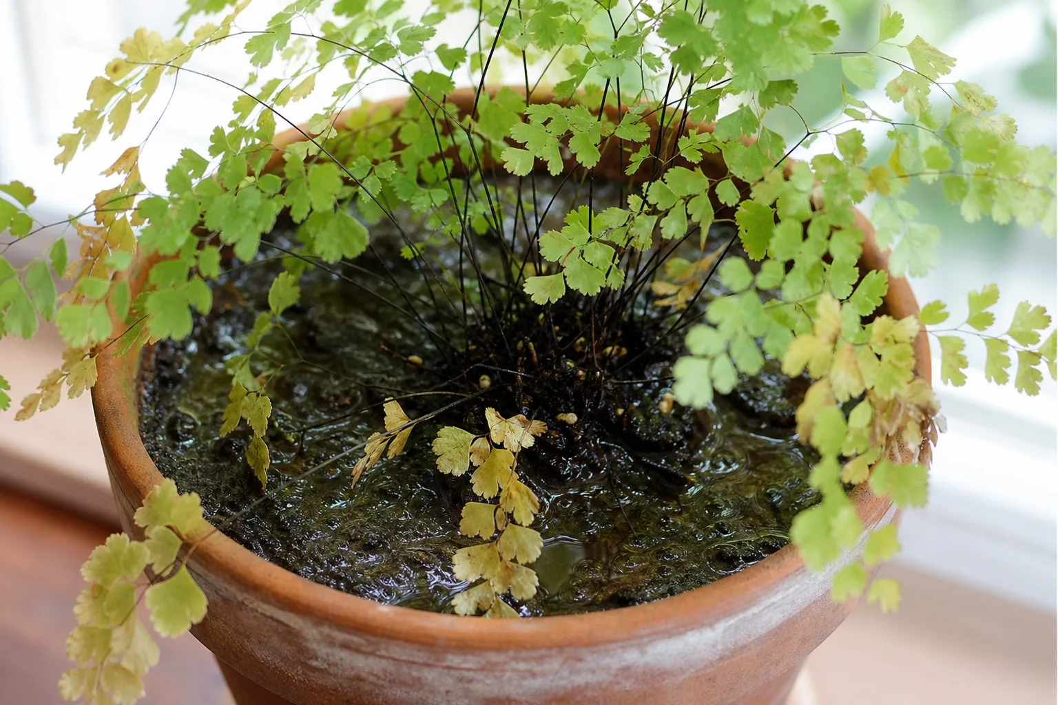 Poor Drainage on Maidenhair Fern - visible symptom on the plant