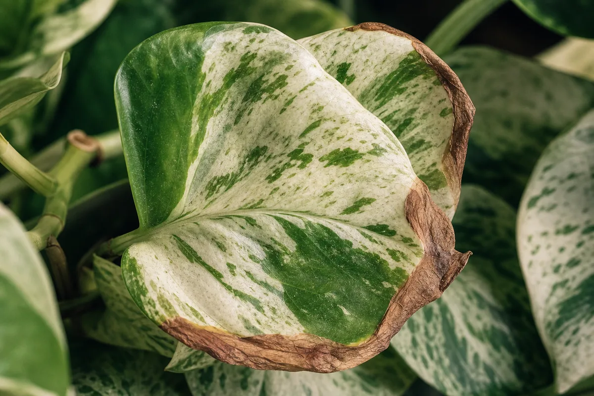 Close-up of Crispy Leaves on Manjula Pothos - diagnostic detail