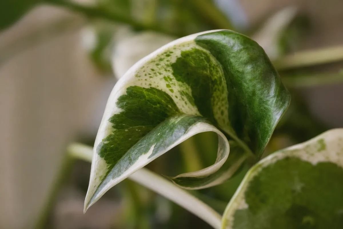 Close-up of Curling Leaves on Manjula Pothos - diagnostic detail