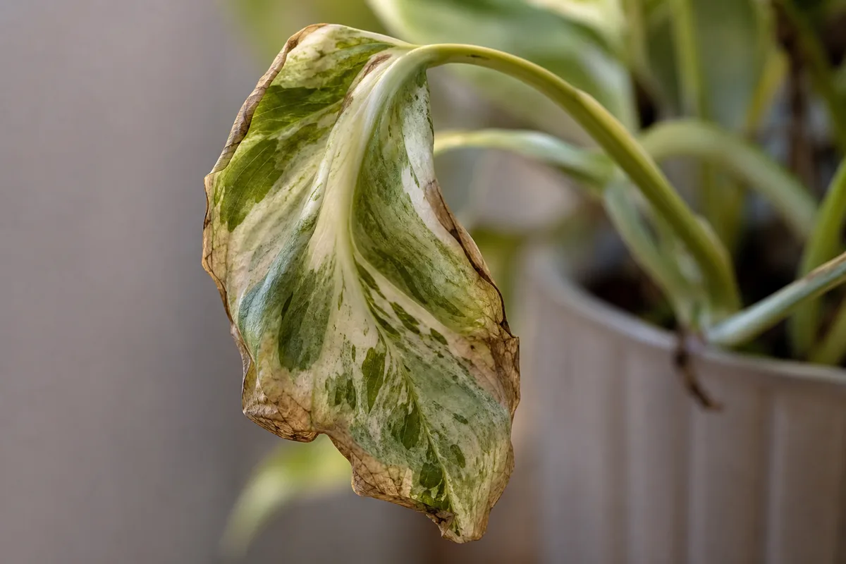 Close-up of Heat Stress on Manjula Pothos - diagnostic detail
