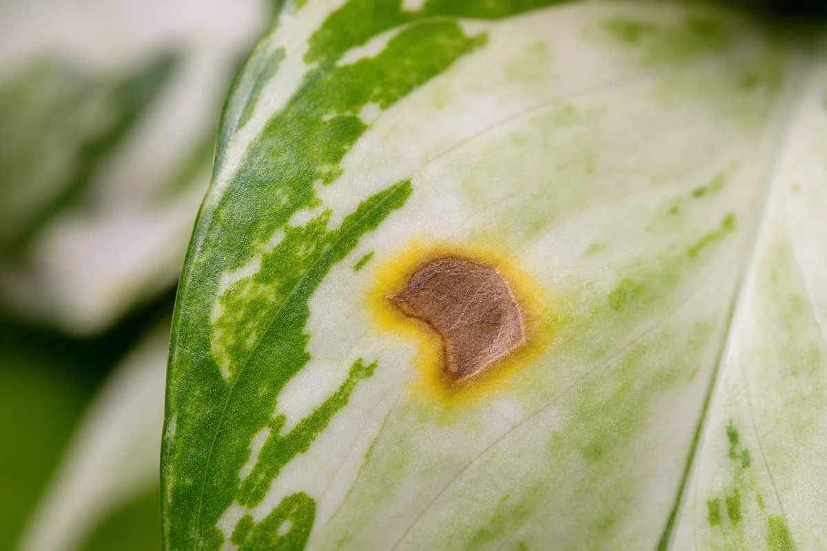 Close-up of Leaf Spot Disease on Manjula Pothos - diagnostic detail