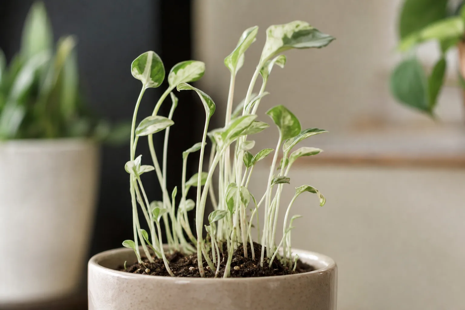 Leggy Seedlings on Manjula Pothos - visible symptom on the plant