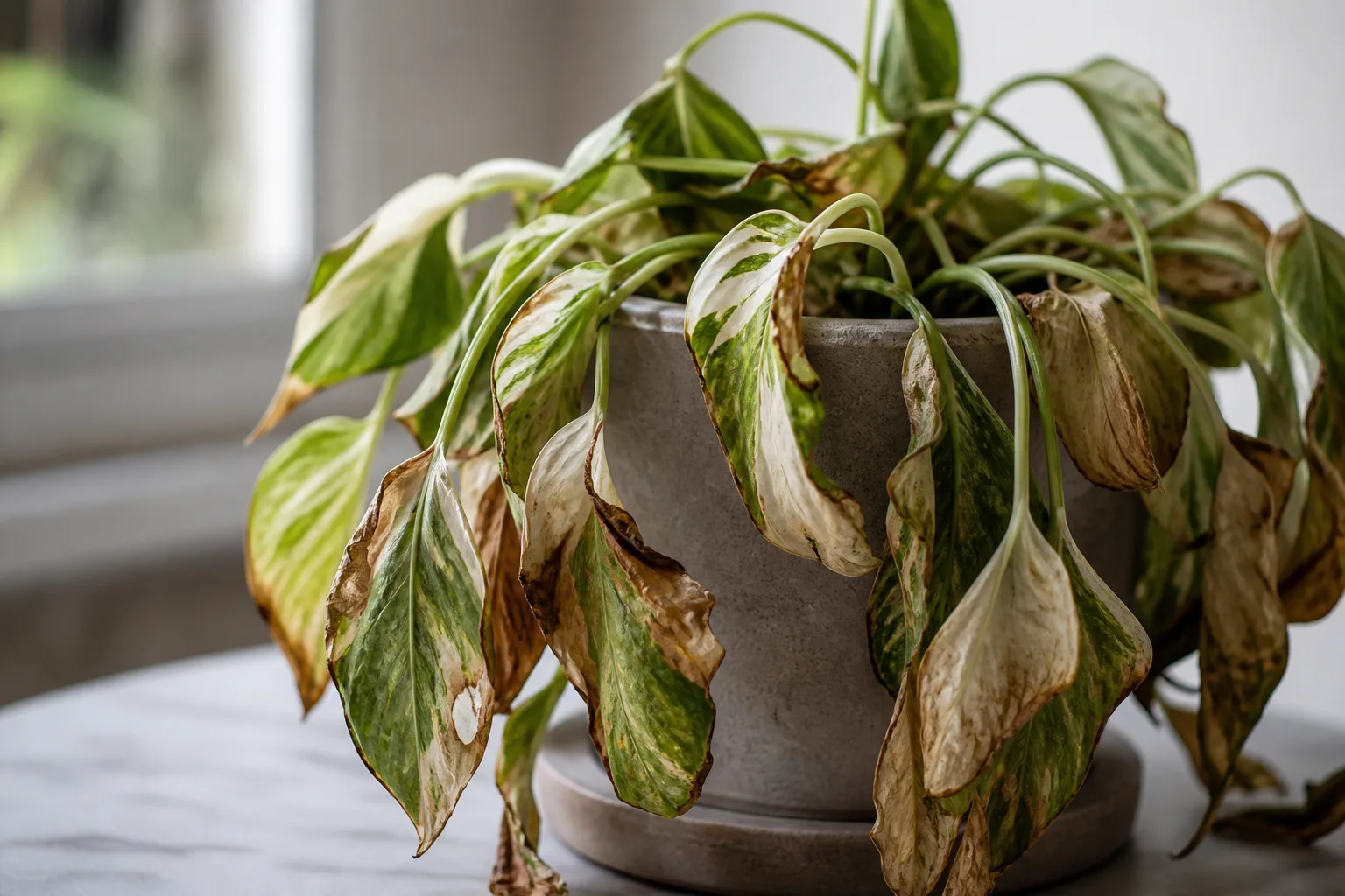 Underwatering on Manjula Pothos - visible symptom on the plant