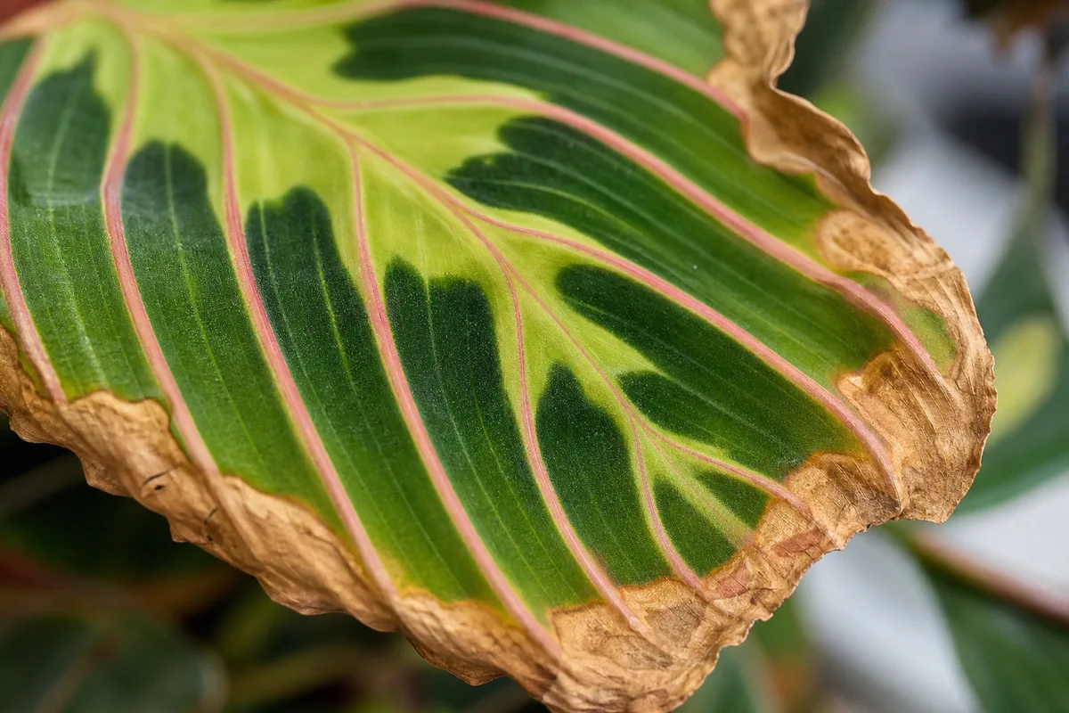 Close-up of Crispy Leaves on Maranta Leuconeura - diagnostic detail