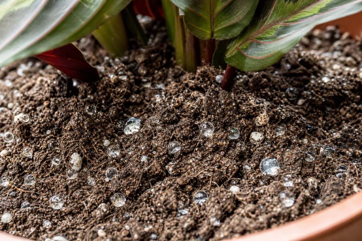Close-up of Dry Hydrophobic Soil on Maranta Leuconeura - diagnostic detail