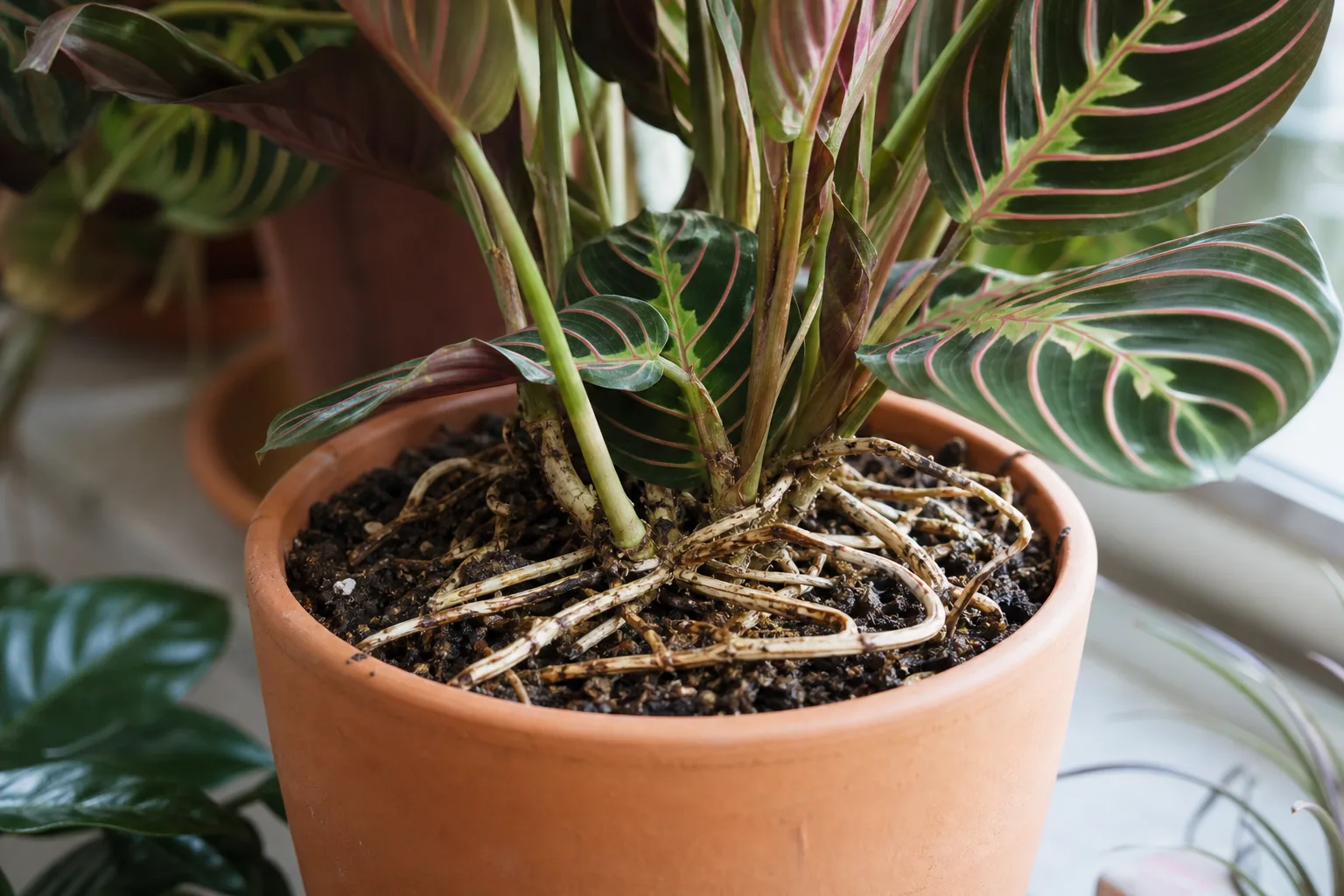 Exposed Roots on Maranta Leuconeura - visible symptom on the plant