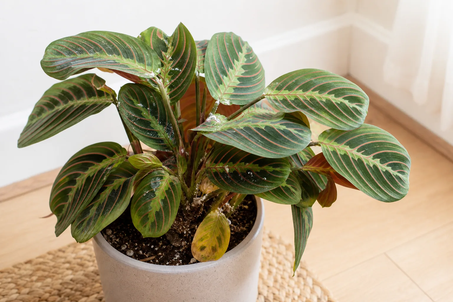 Mealybugs on Maranta leuconeura - visible symptom on the plant