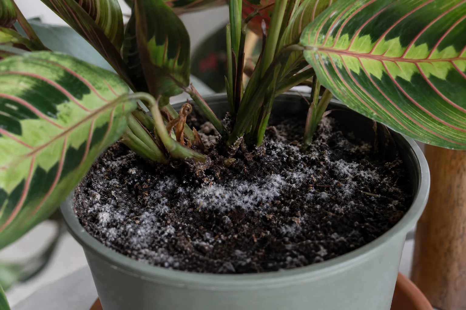 Mold on Soil on Maranta Leuconeura - visible symptom on the plant
