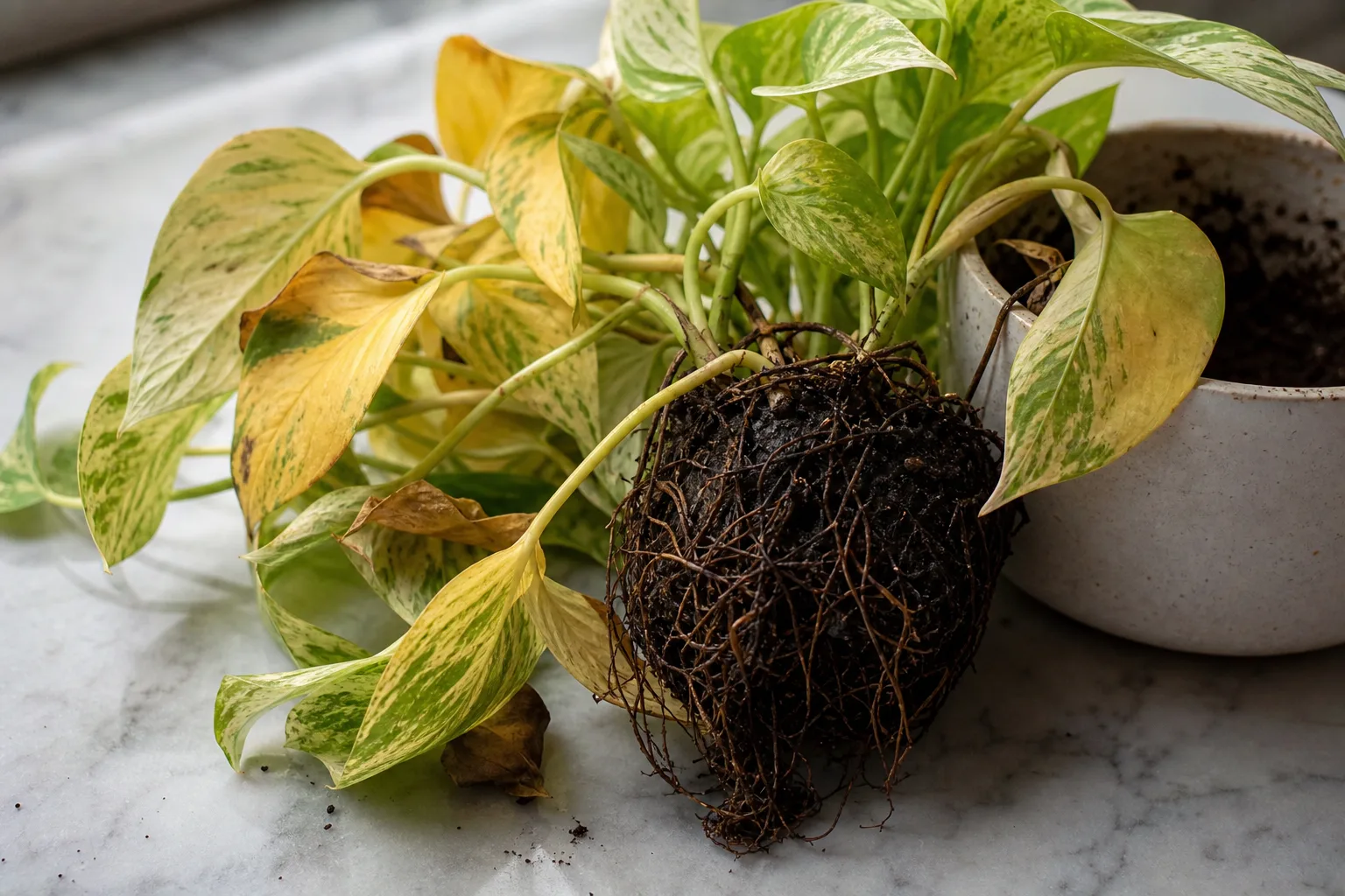 Root Rot on Marble Queen Pothos - visible symptom on the plant