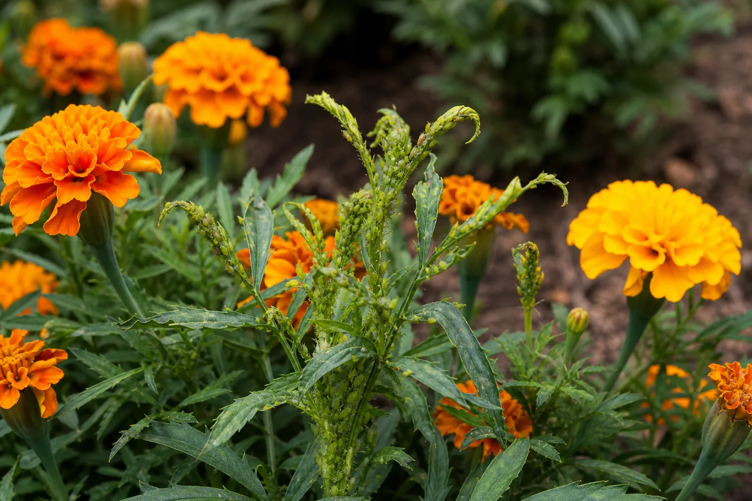 Aphids on Marigold - visible symptom on the plant