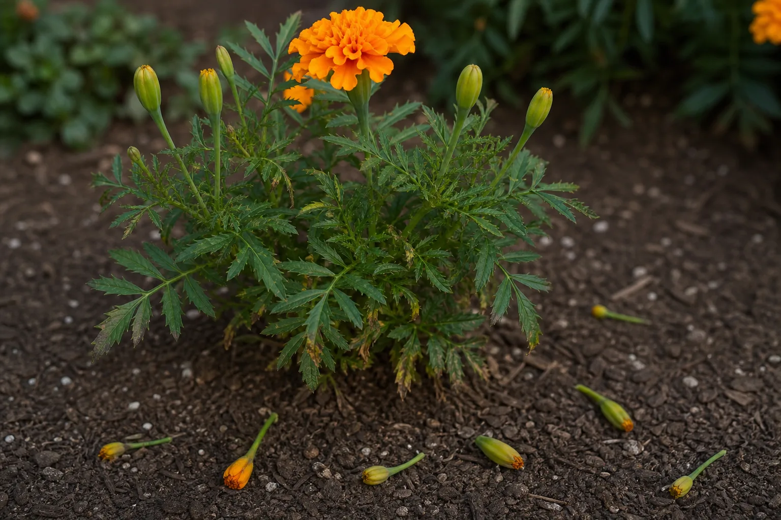 Bud Drop on Marigold - visible symptom on the plant