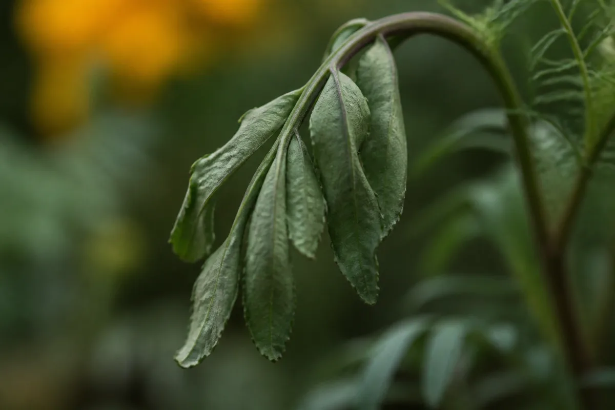 Close-up of Drooping Leaves on Marigold - diagnostic detail