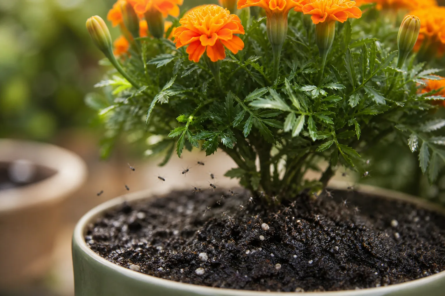 Fungus Gnats on Marigold - visible symptom on the plant