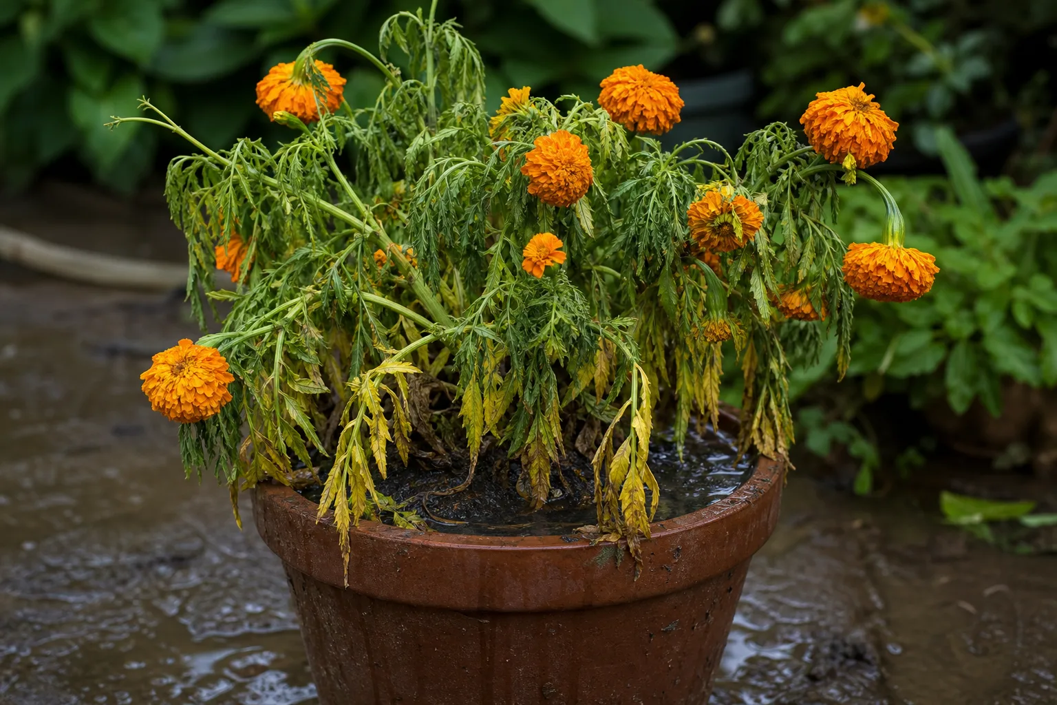 Overwatering on Marigold - visible symptom on the plant