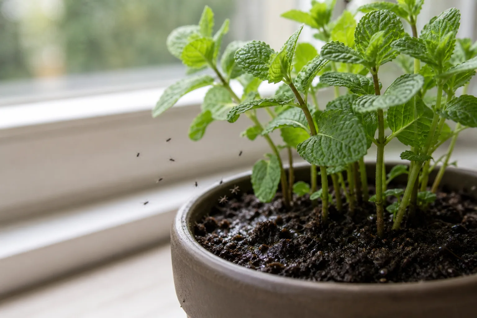 Fungus Gnats on Mint - visible symptom on the plant