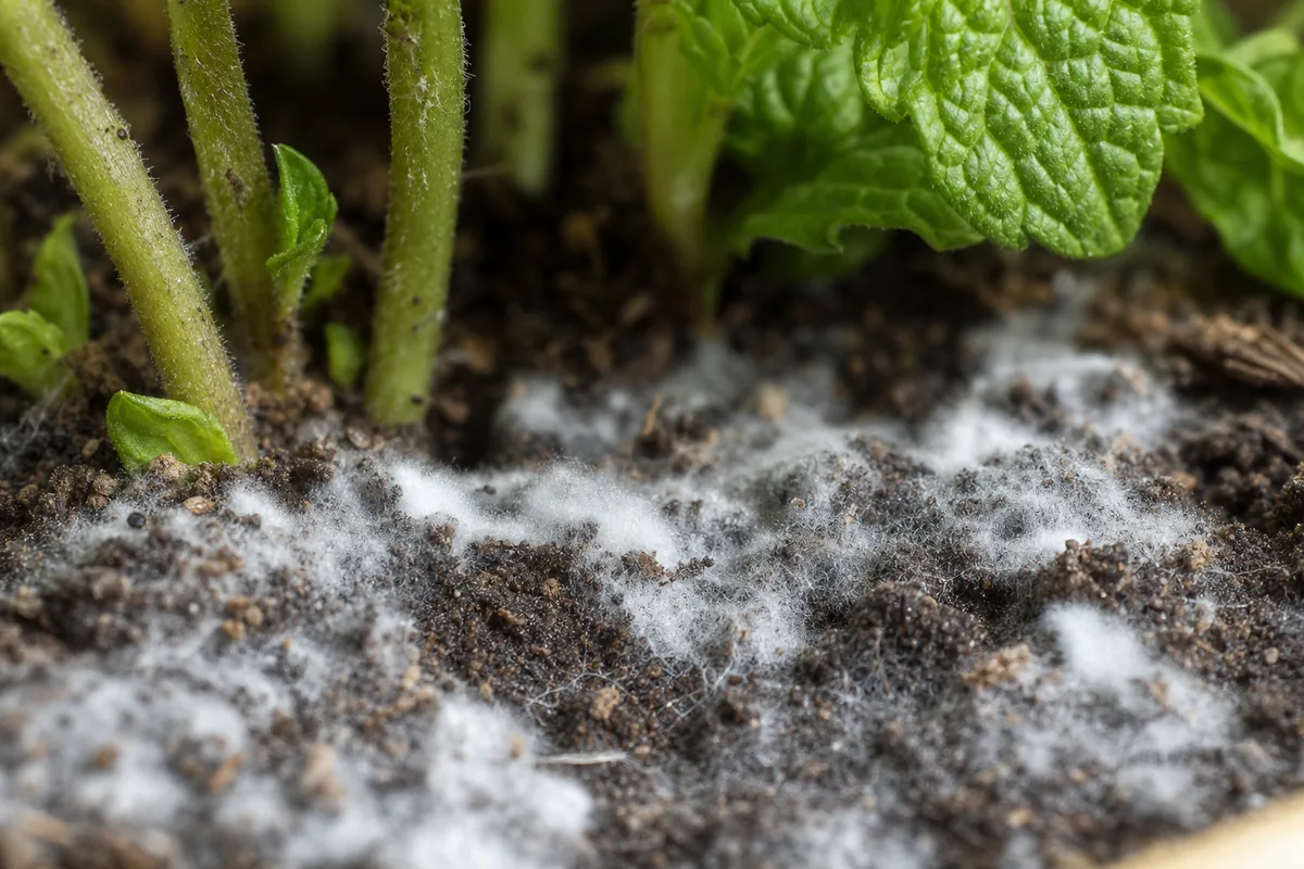 Close-up of Mold on Soil on Mint - diagnostic detail