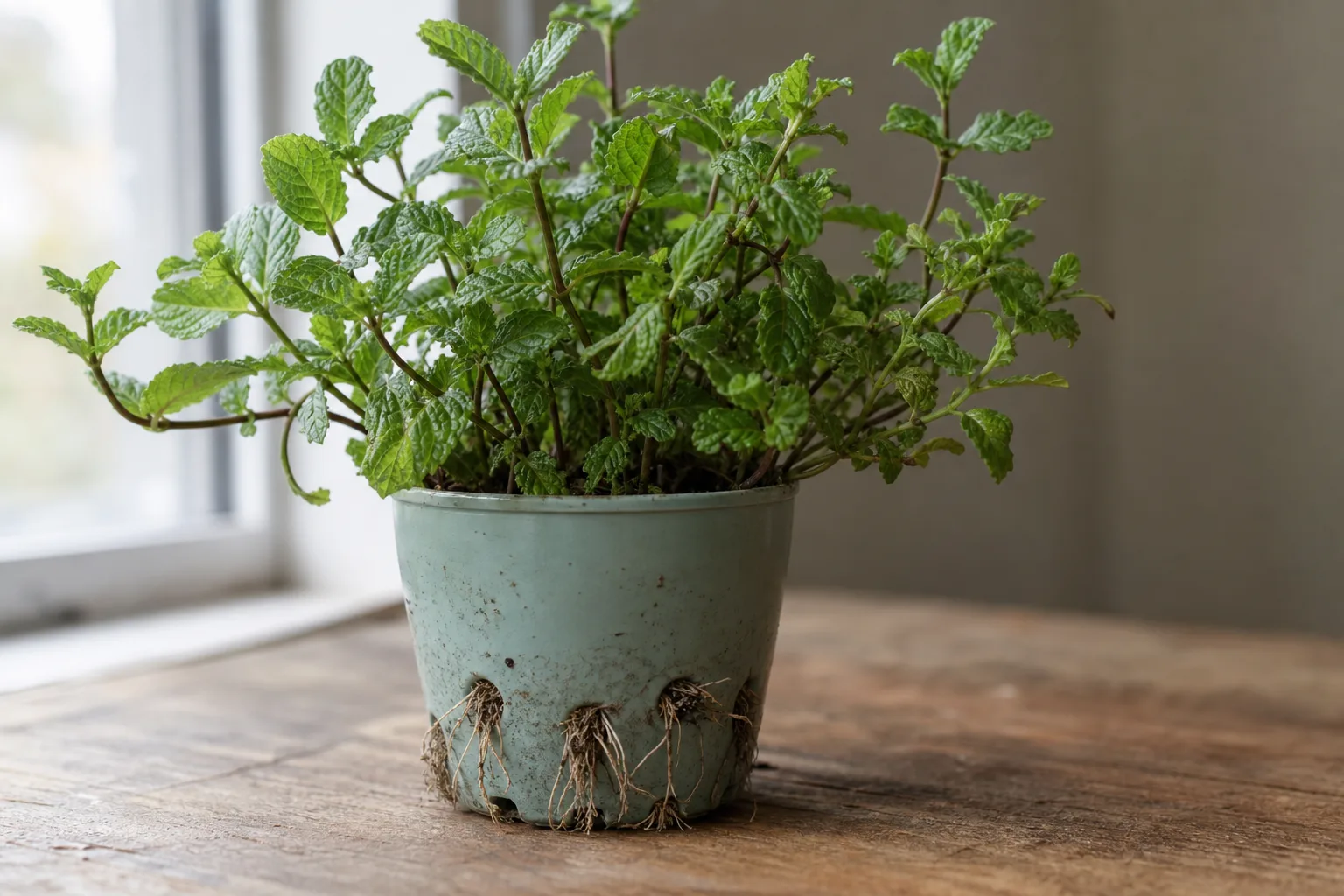 Pot Too Small on Mint - visible symptom on the plant