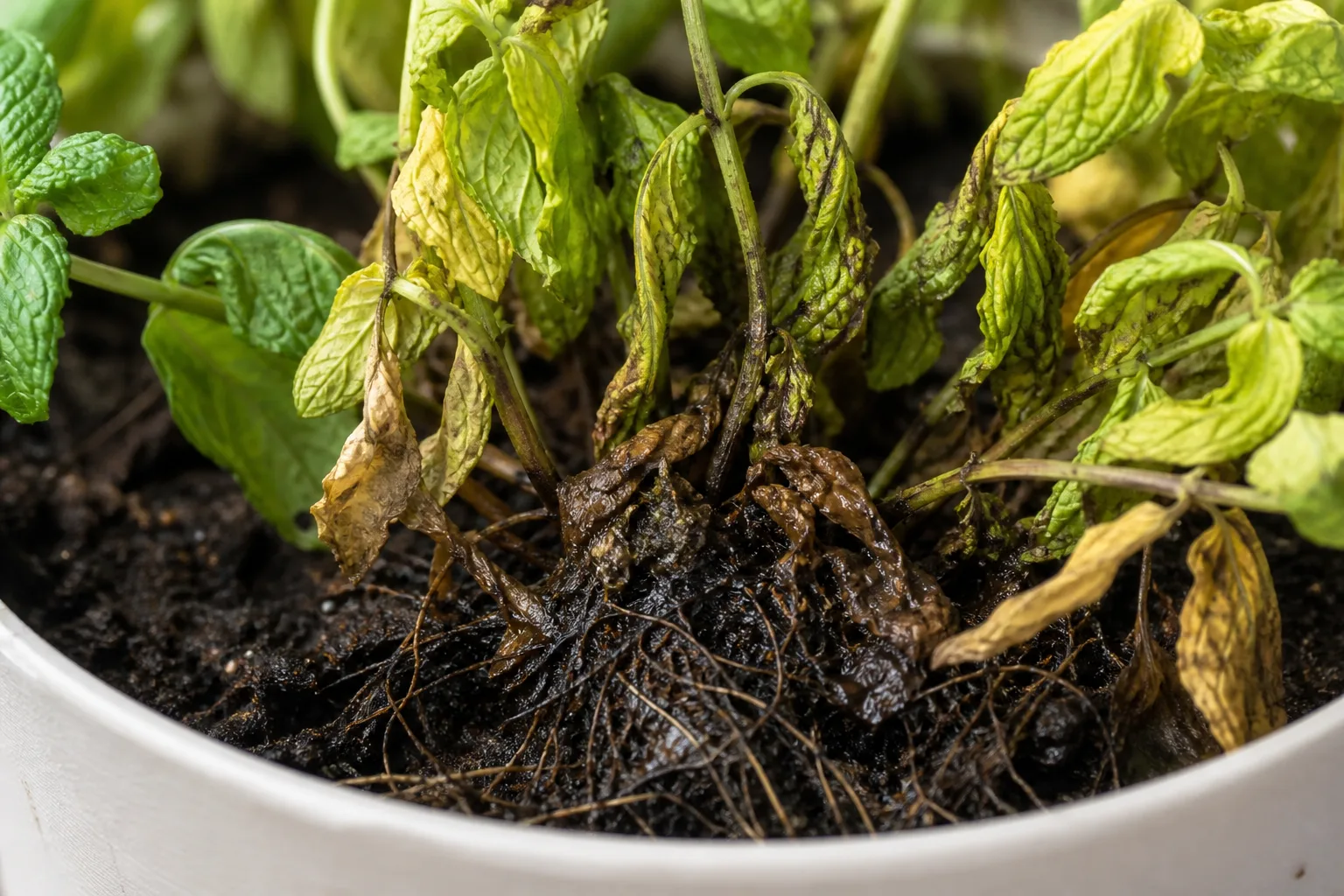 Root Rot on Mint - visible symptom on the plant