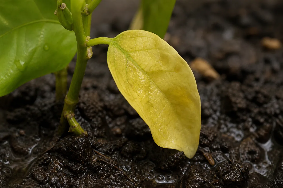 Close-up of Overwatering on Mogra - diagnostic detail