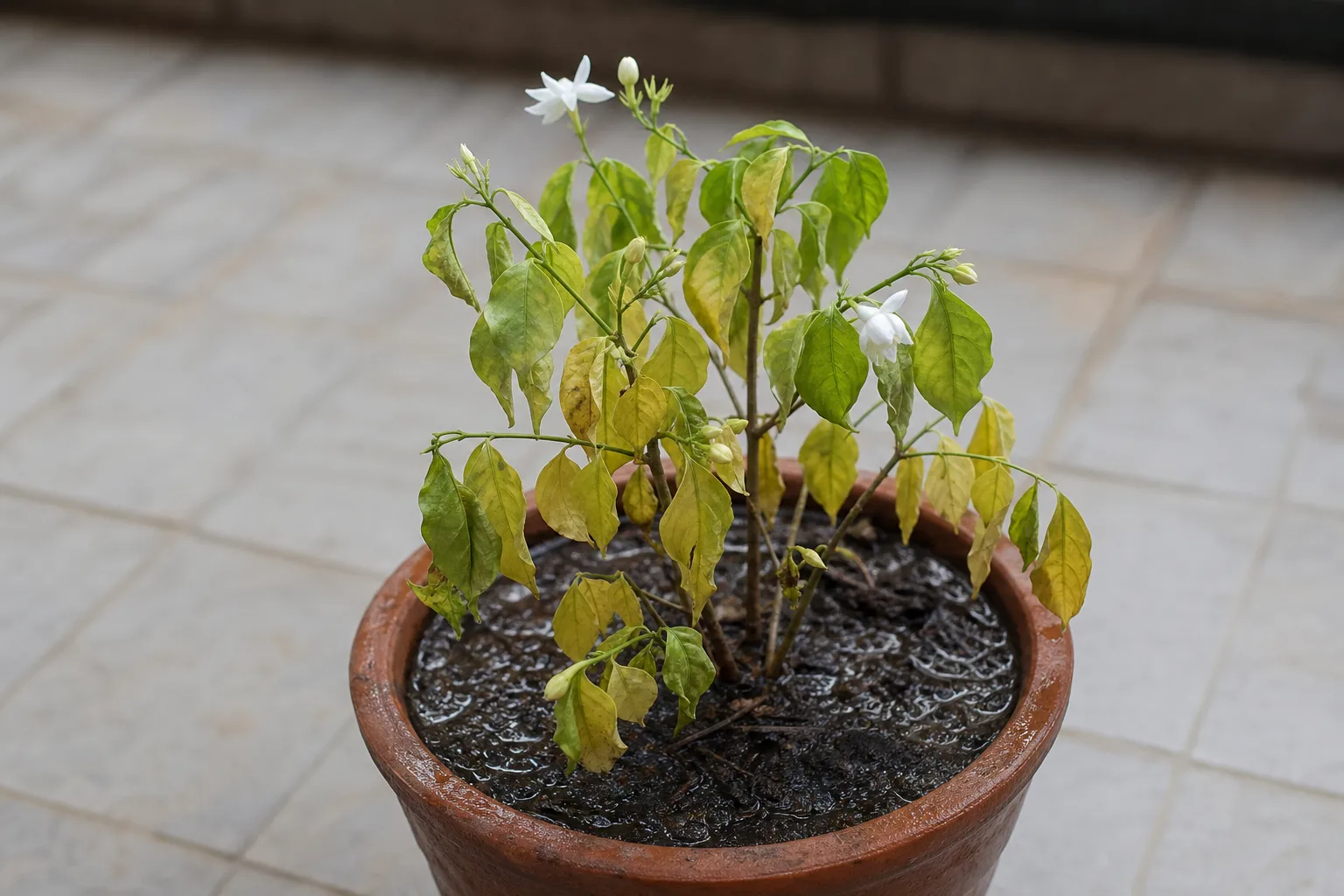 Overwatering on Mogra - visible symptom on the plant