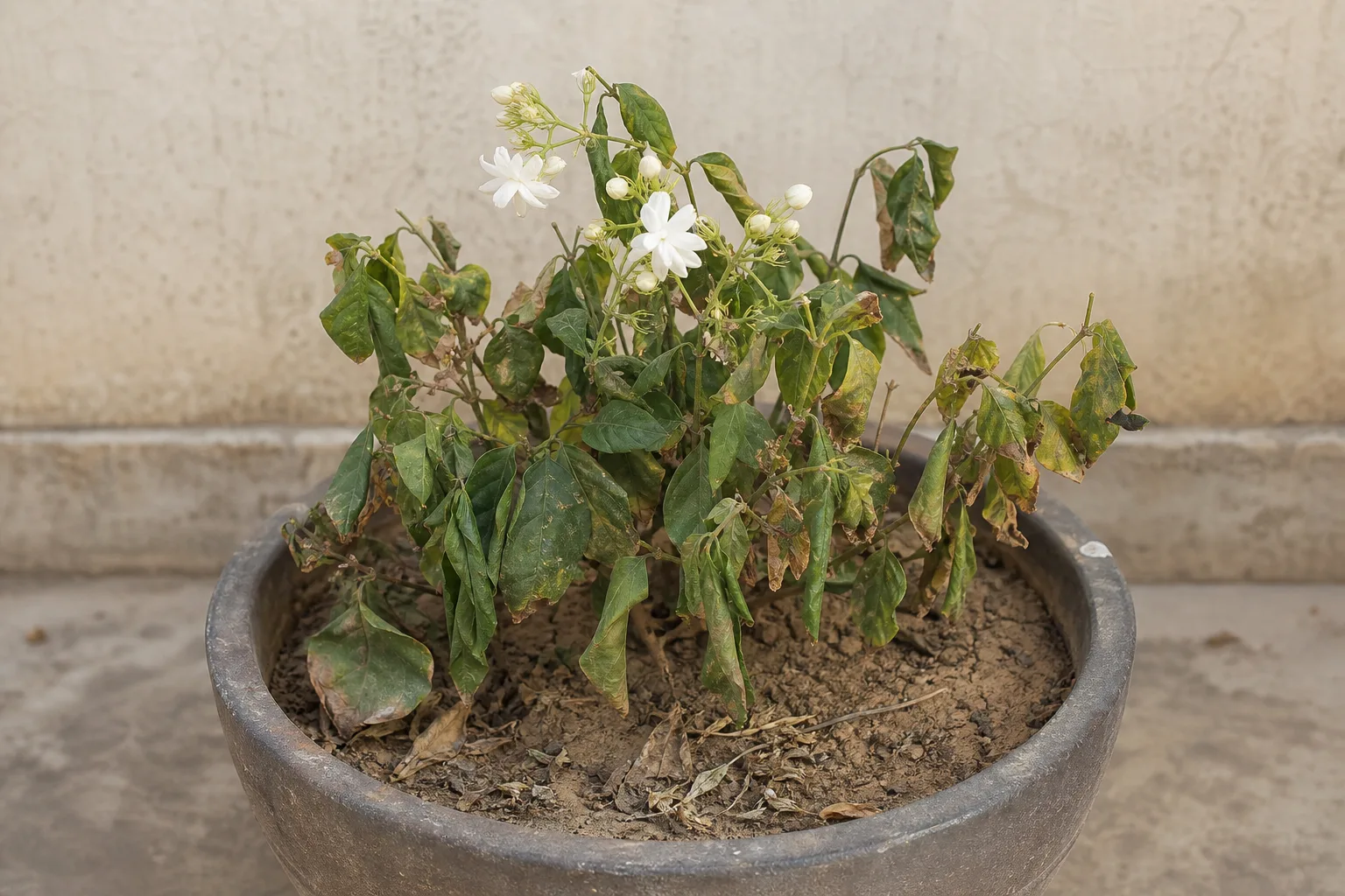 Underwatering on Mogra - visible symptom on the plant