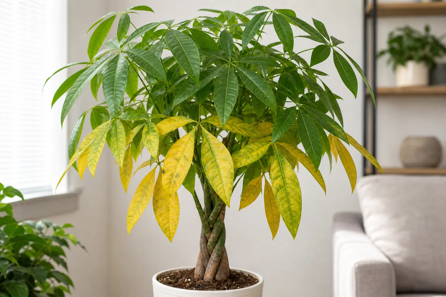 Yellow Leaves on Money Tree - visible symptom on the plant