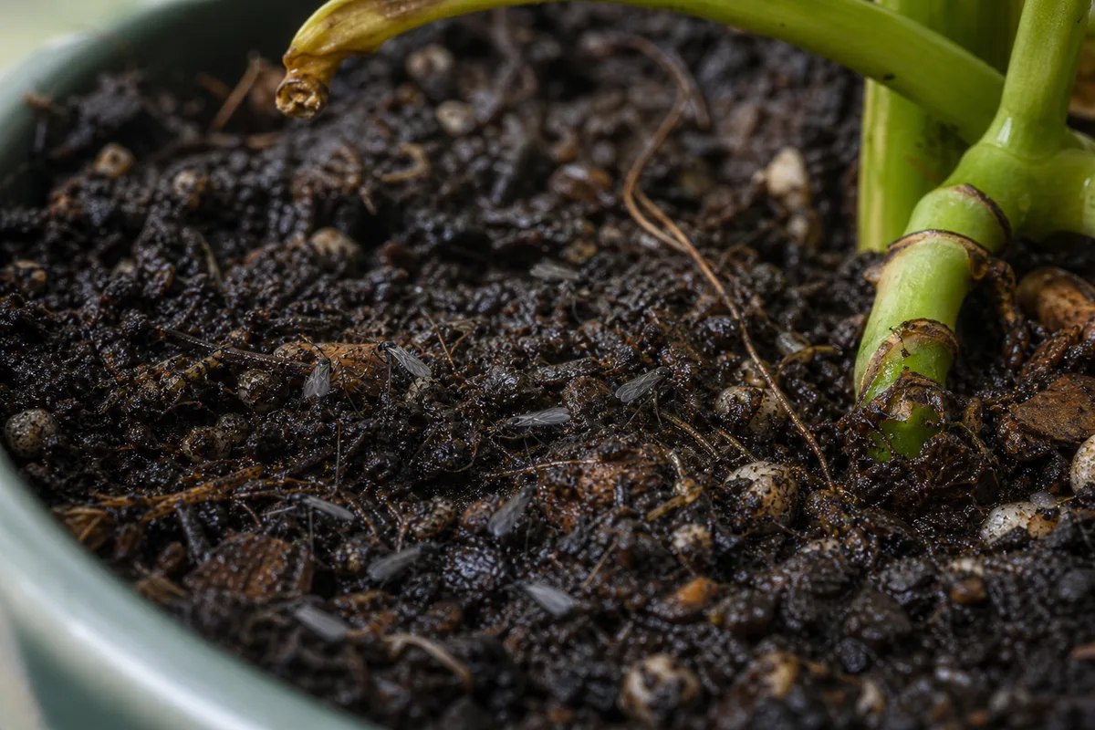 Close-up of Fungus Gnats on Monstera Adansonii - diagnostic detail