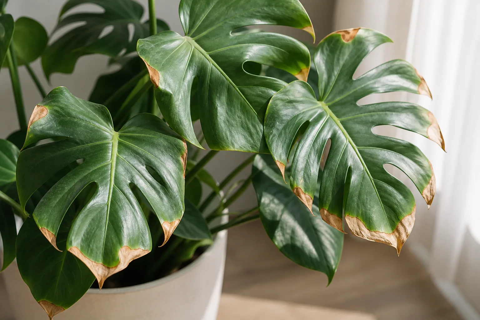 Dry brown tip on a Monstera deliciosa leaf beside healthy green tissue