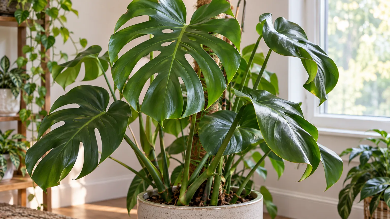 Monstera deliciosa with mature leaves curling inward at their edges