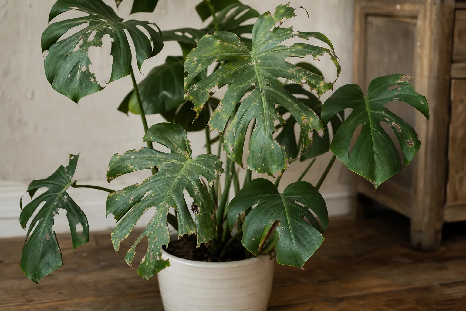 Holes in Leaves on Monstera Deliciosa - visible symptom on the plant