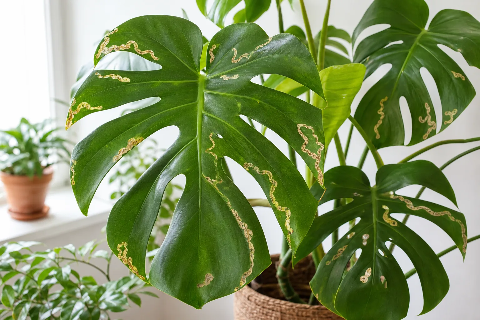 Leaf Miners on Monstera Deliciosa - visible symptom on the plant
