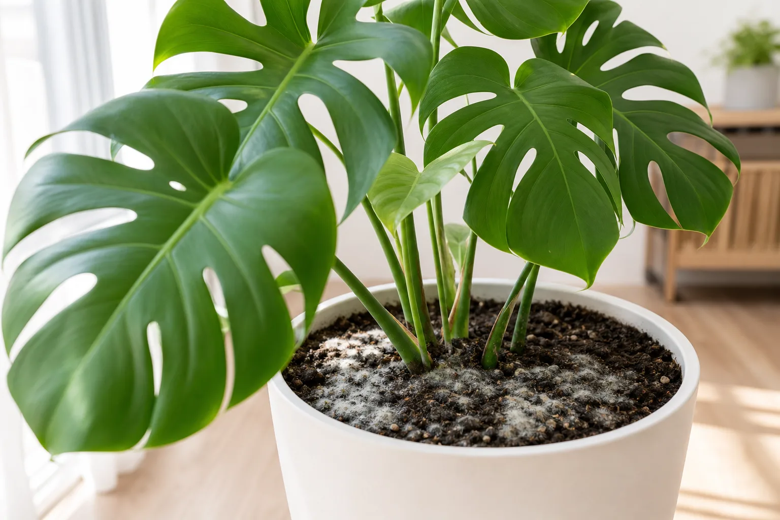 Mold on Soil on Monstera Deliciosa - visible symptom on the plant