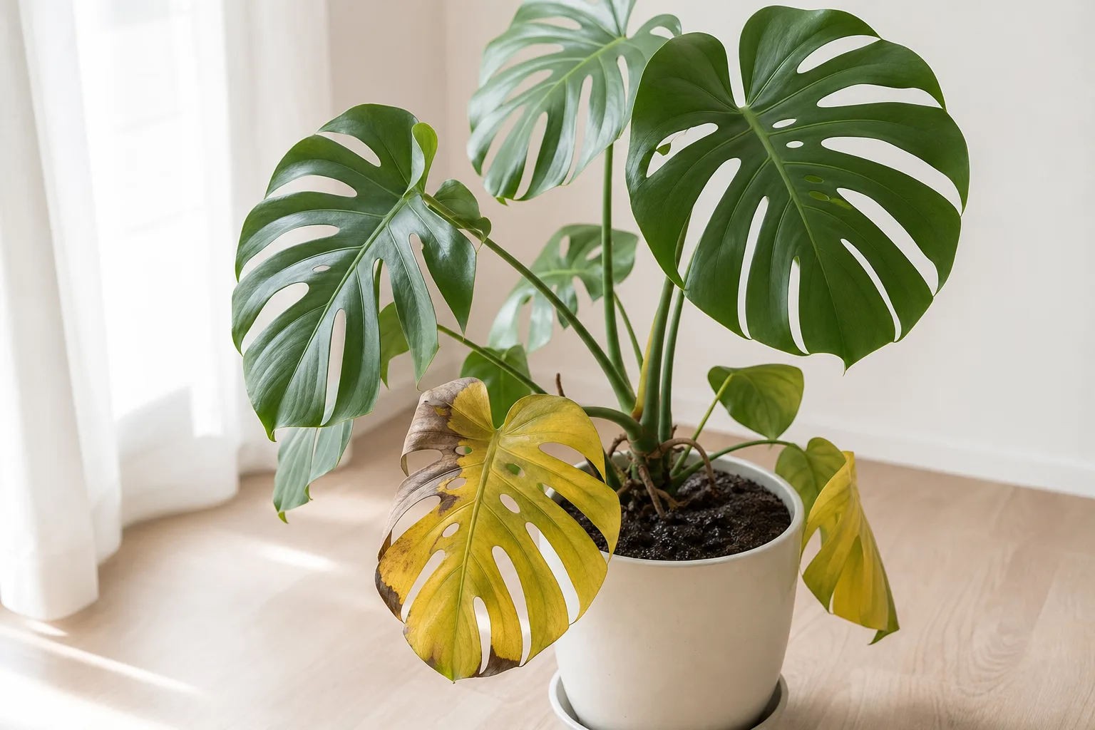 Overwatered Monstera deliciosa with yellowing drooping foliage