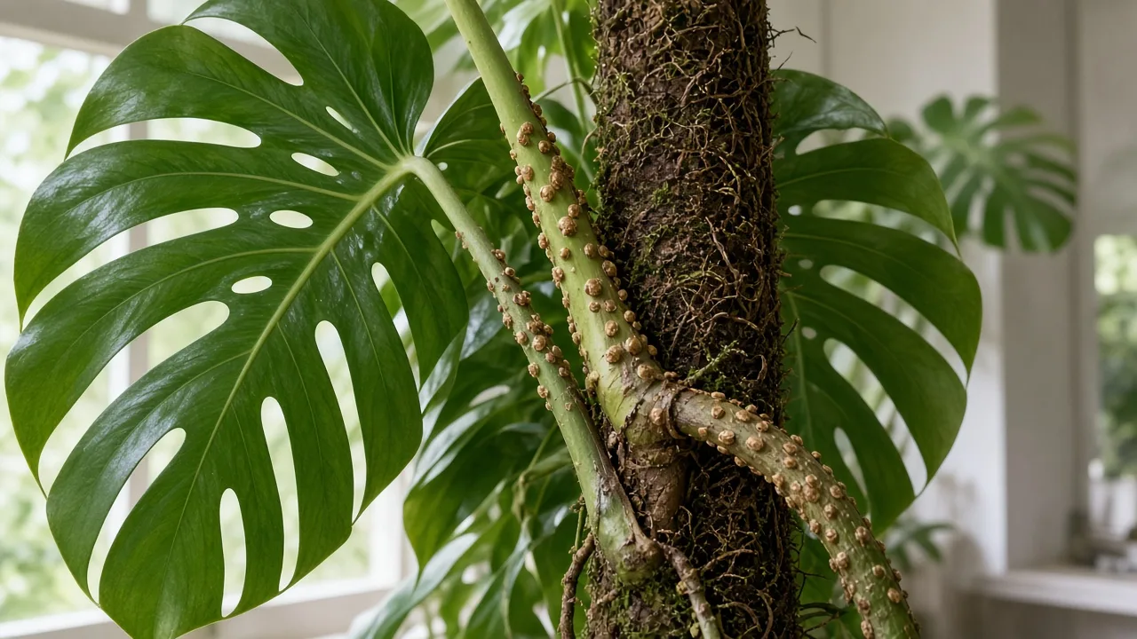 Scale insects on Monstera deliciosa - tan bumps on thick petiole and moss pole aerial root