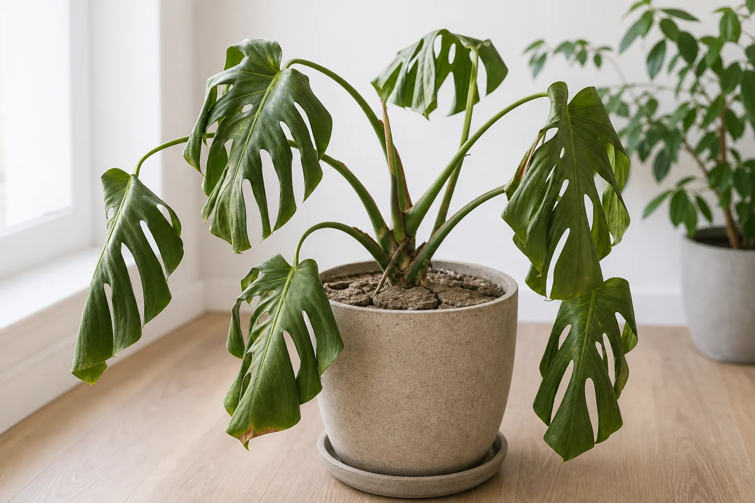 A close view of a Monstera with underwatering symptoms, useful for comparing dry-root stress with wet-soil decline.
