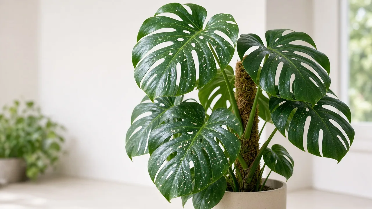 Whiteflies on Monstera Deliciosa - tiny white insects on split-leaf undersides