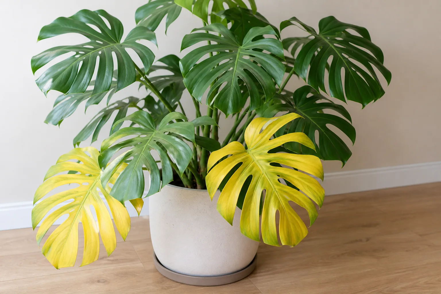 Yellow Leaves on Monstera Deliciosa - visible symptom on the plant