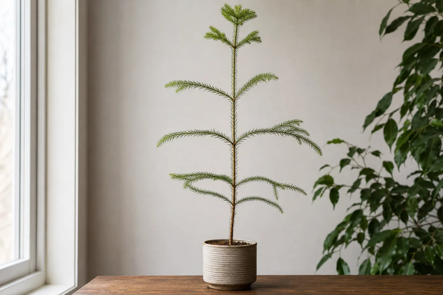 Leggy Growth on Norfolk Island Pine - visible symptom on the plant