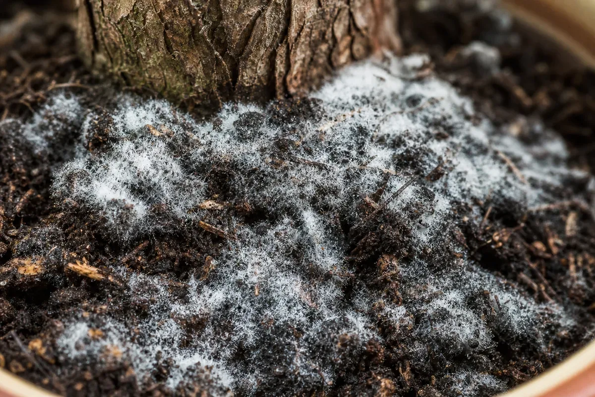 Close-up of Mold on Soil on Norfolk Island Pine - diagnostic detail
