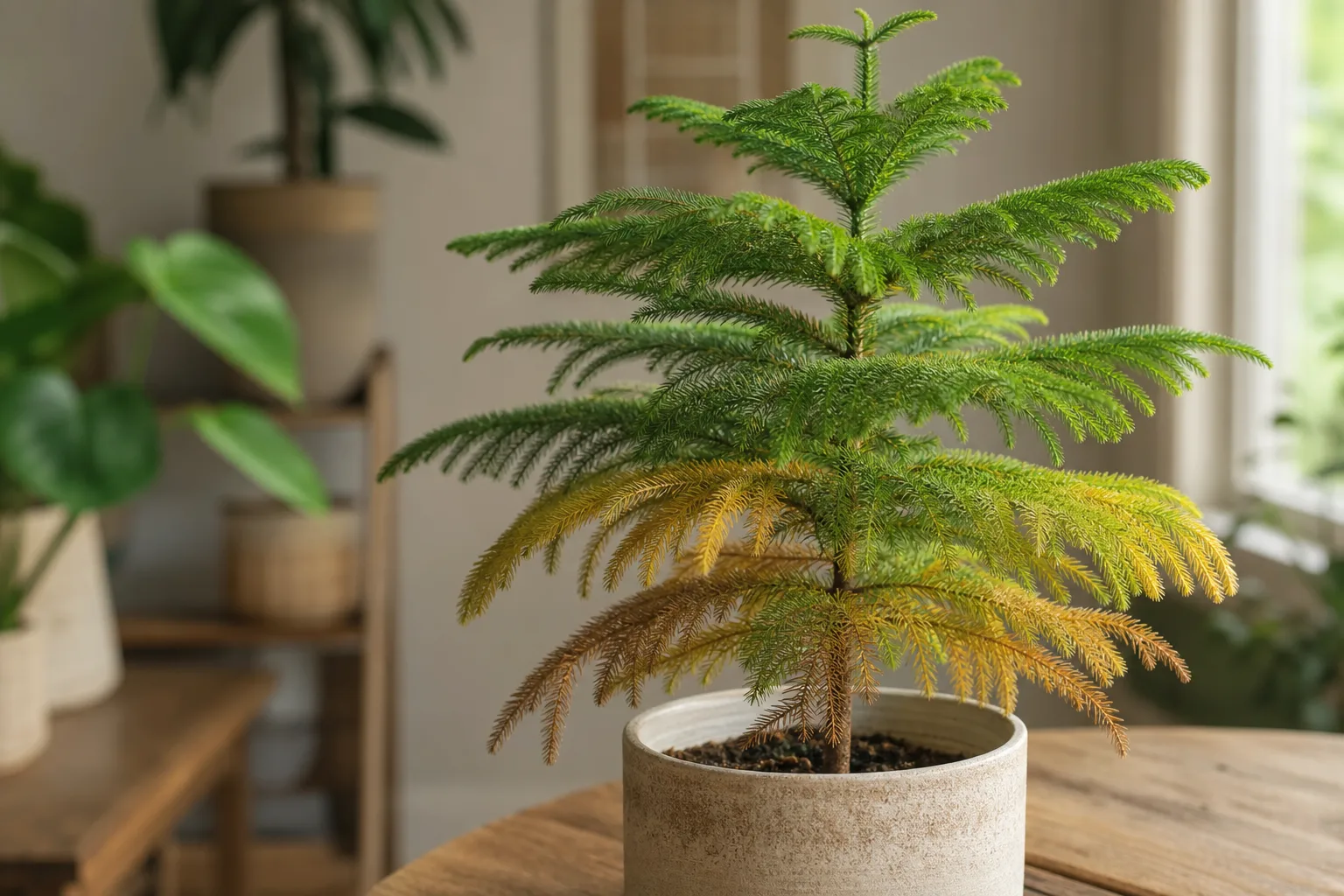 Yellow Leaves on Norfolk Island Pine - visible symptom on the plant