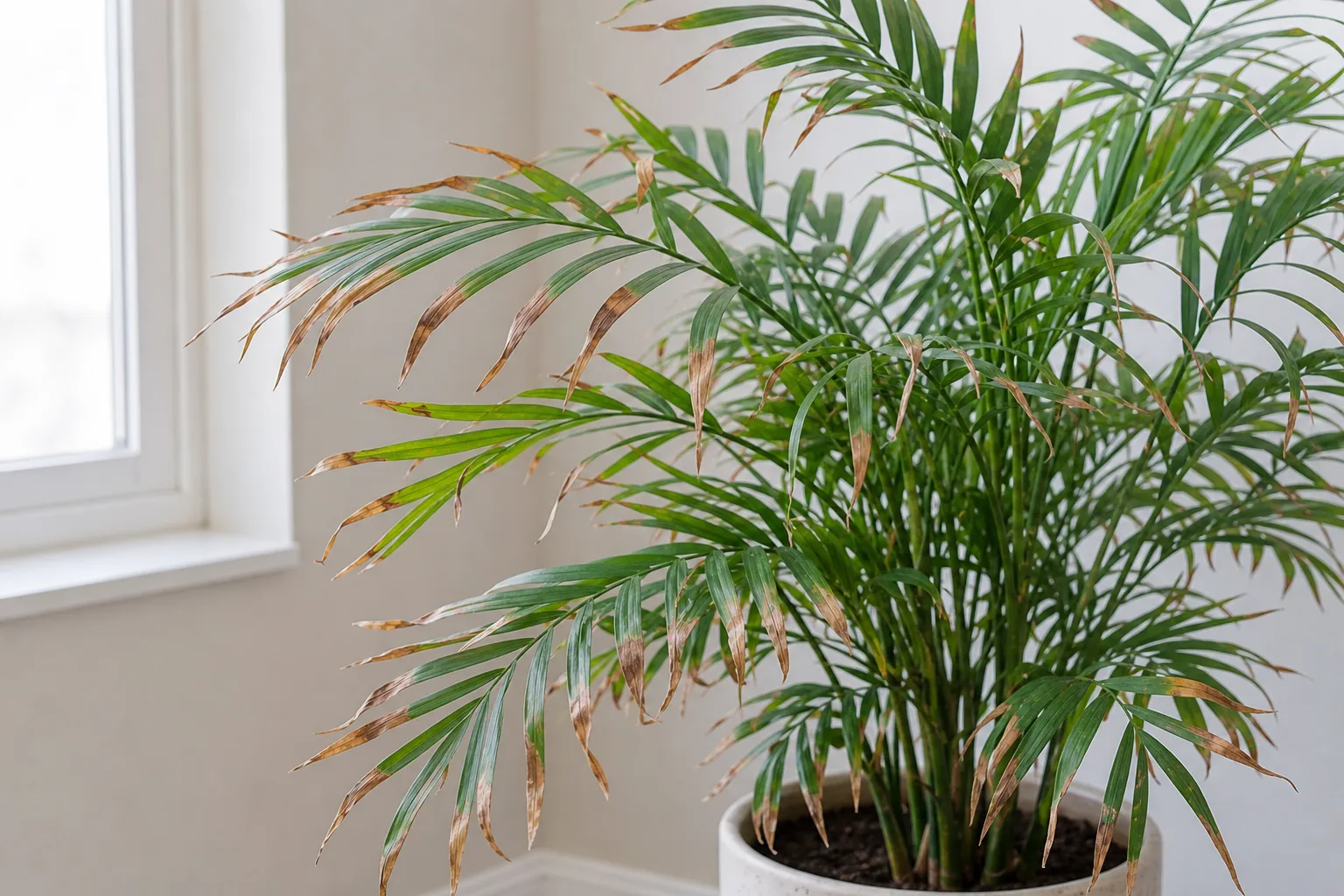 Parlor palm with low-humidity stress at the leaf edges