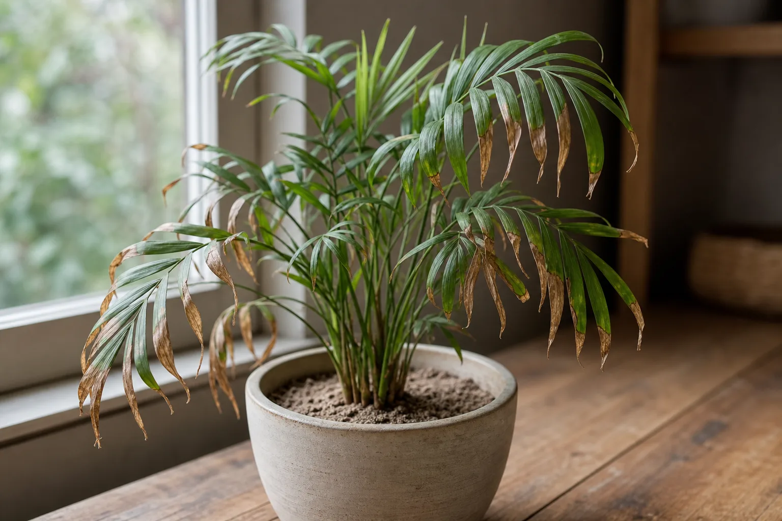 Parlor palm showing underwatering stress in its fronds