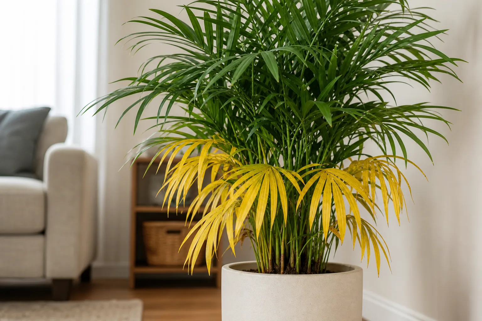 Yellow Leaves on Parlor Palm - visible symptom on the plant