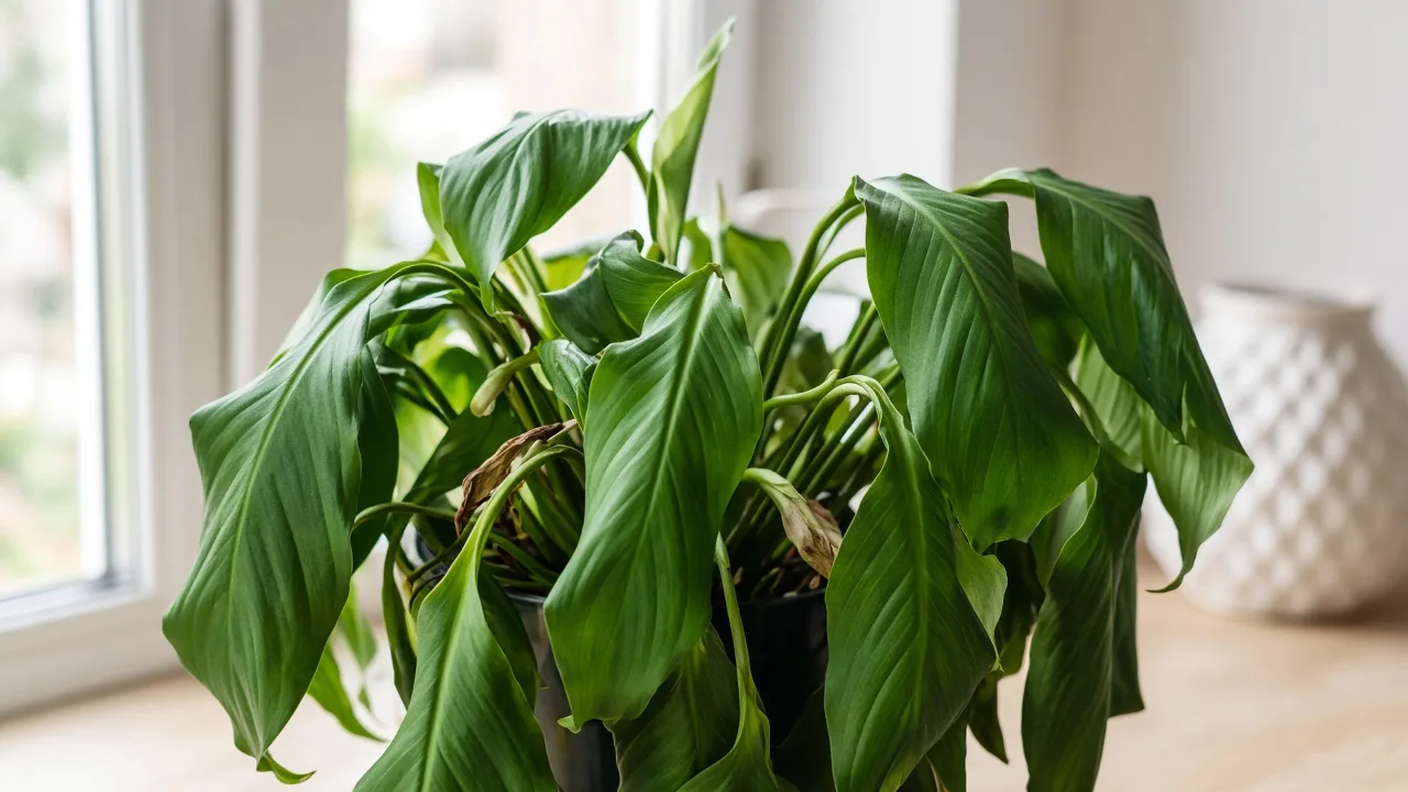 Curling Leaves on Peace Lily - inward cupped margins on broad glossy blades