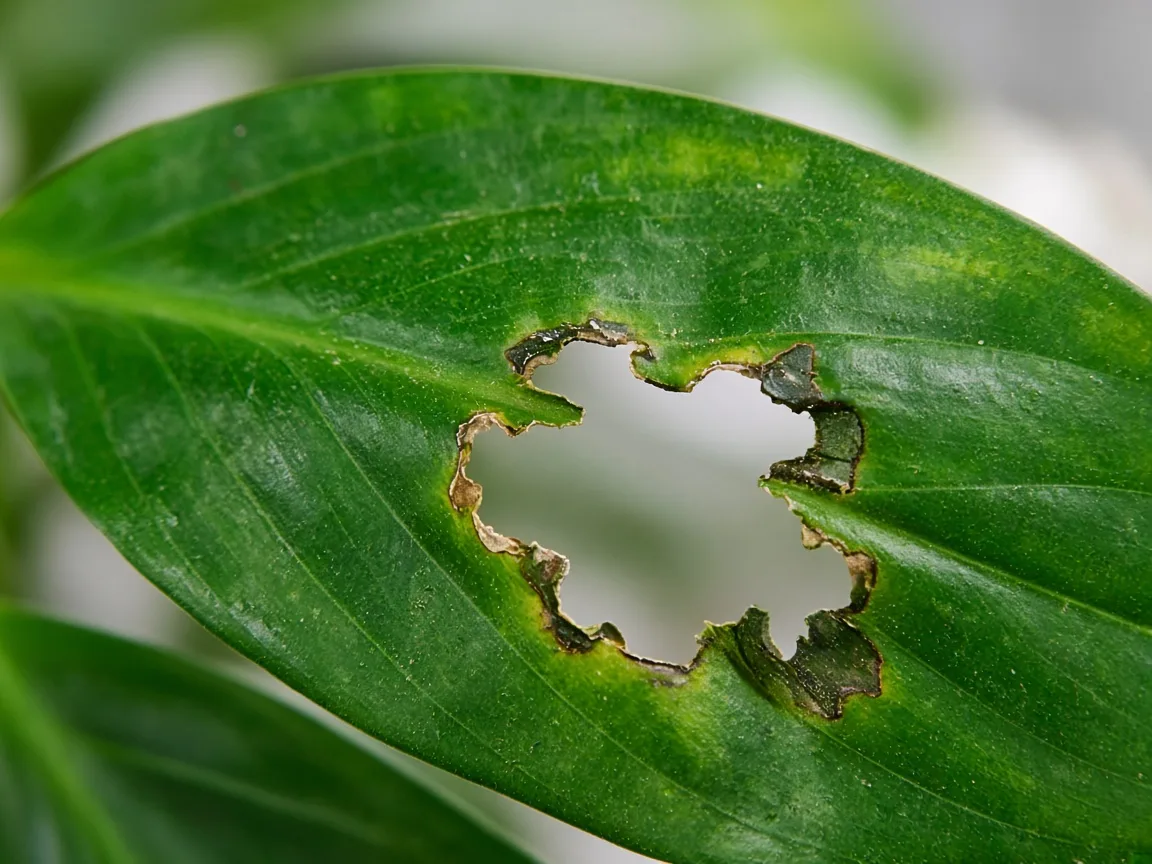 Close-up of chewed holes in Peace Lily leaf - irregular pest feeding damage through broad green blade