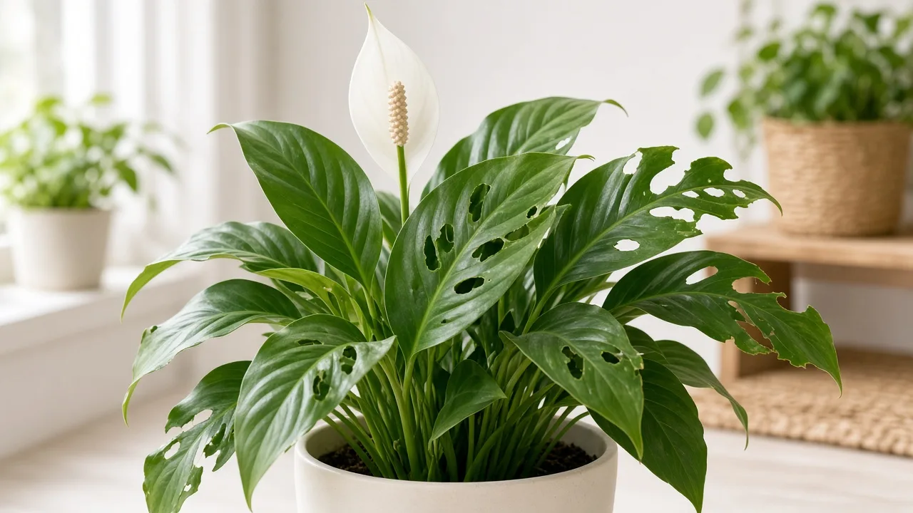 Holes in Leaves on Peace Lily - irregular chewed holes on broad soft green blades