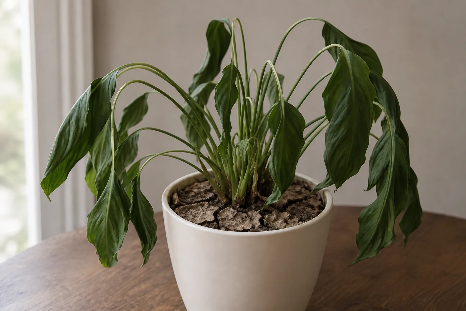 underwatering on houseplants - Underwatered peace lily with limp folded leaves and dry potting mix
