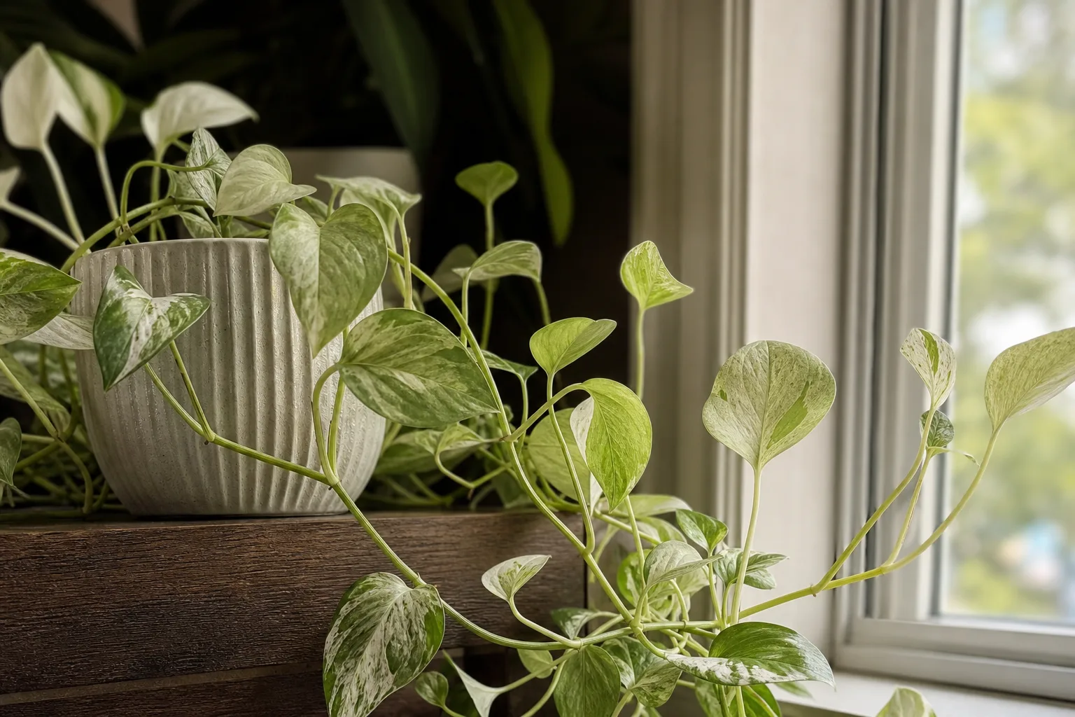 Not Enough Light on Pearls and Jade Pothos - visible symptom on the plant